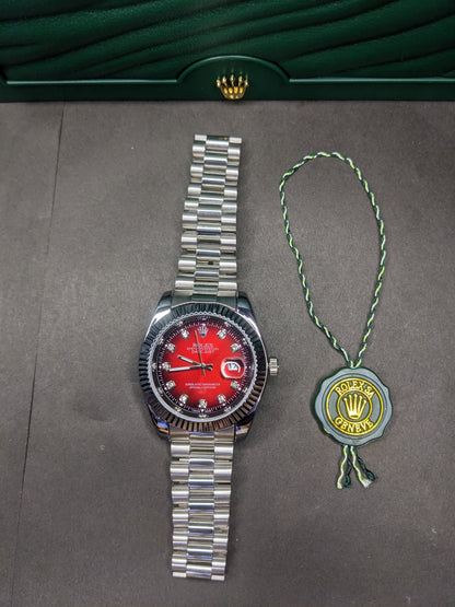 Rolex automatic movement silver with red dial